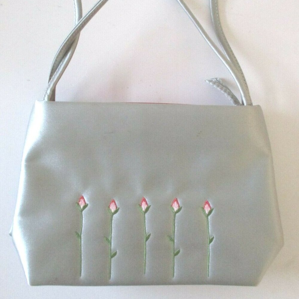 Vintage Soft Gray Leather with Pink Tulips Accent Purse with Straps